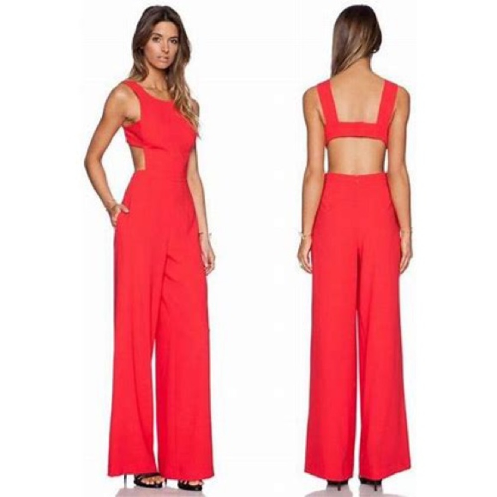 BCBG cut out jumpsuit available in red and black.